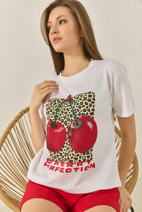 Cherry Leopar Baskılı Taş Detaylı Normal Kalıp T-Shirt 4140 60283299 - Beyaz