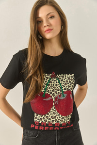 Cherry Leopar Baskılı Taş Detaylı Normal Kalıp T-Shirt 4140 60283299 - Siyah