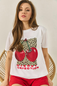 Cherry Leopar Baskılı Taş Detaylı Normal Kalıp T-Shirt 4140 60283299 - Beyaz
