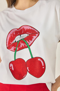 Cherry Lips Baskılı Taş Detaylı Normal Kalıp T-Shirt 4137 60283298 - Beyaz