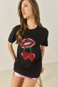 Cherry Lips Baskılı Taş Detaylı Normal Kalıp T-Shirt 4137 60283298 - Siyah
