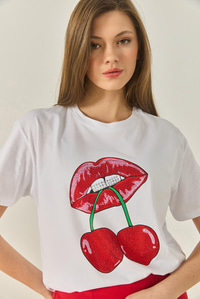 Cherry Lips Baskılı Taş Detaylı Normal Kalıp T-Shirt 4137 60283298 - Beyaz