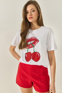 Cherry Lips Baskılı Taş Detaylı Normal Kalıp T-Shirt 4137 60283298 - Beyaz