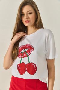 Cherry Lips Baskılı Taş Detaylı Normal Kalıp T-Shirt 4137 60283298 - Beyaz