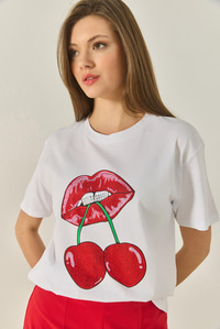 Cherry Lips Baskılı Taş Detaylı Normal Kalıp T-Shirt 4137 60283298 - Beyaz