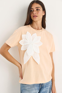 Çiçek Aksesuarlı Kısa Kollu Pamuklu T-Shirt 60602040 - Yavru Ağzı