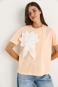 Çiçek Aksesuarlı Kısa Kollu Pamuklu T-Shirt 60602040 - Yavru Ağzı