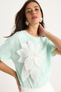 Çiçek Aksesuarlı Kısa Kollu Pamuklu T-Shirt 60602040 - Mint Yeşili