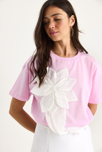 Çiçek Aksesuarlı Kısa Kollu Pamuklu T-Shirt 60602040 - Pembe