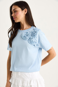 Çiçek Aksesuarlı Regular Bisiklet Yaka T-Shirt 60602030 - Bebe Mavisi
