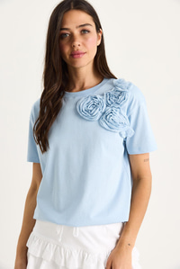 Çiçek Aksesuarlı Regular Bisiklet Yaka T-Shirt 60602030 - Bebe Mavisi