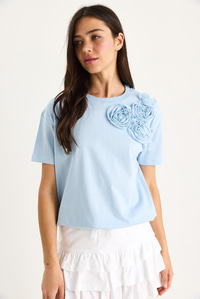 Çiçek Aksesuarlı Regular Bisiklet Yaka T-Shirt 60602030 - Bebe Mavisi