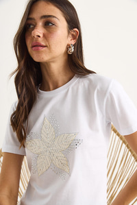Çiçek Aksesuarlı Taş Baskılı Fit Kalıp T-Shirt 60602068 - Beyaz