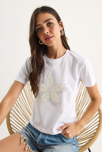 Çiçek Aksesuarlı Taş Baskılı Fit Kalıp T-Shirt 60602068 - Beyaz