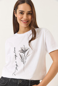 Çiçek Baskılı  Kısa Kollu Bisiklet Yaka T-Shirt 60602033 - Beyaz
