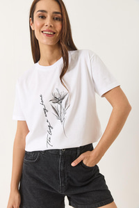 Çiçek Baskılı  Kısa Kollu Bisiklet Yaka T-Shirt 60602033 - Beyaz