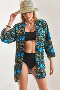 Çiçek Desenli Keten Kısa Kimono 60261514 - Siyah-Mavi