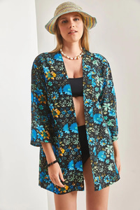 Çiçek Desenli Keten Kısa Kimono 60261514 - Siyah-Mavi