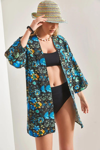 Çiçek Desenli Keten Kısa Kimono 60261514 - Siyah-Mavi