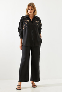 Çiçek Desenli Nakış İşlemeli Keten Oversize Alt-Üst Takım MBMS029 60501029 - Siyah