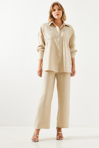 Çiçek Desenli Nakış İşlemeli Keten Oversize Alt-Üst Takım MBMS029 60501029 - Taş