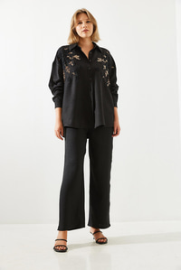 Çiçek Desenli Nakış İşlemeli Keten Oversize Alt-Üst Takım MBMS029 60501029 - Siyah