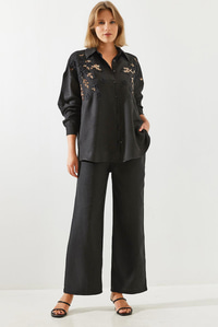 Çiçek Desenli Nakış İşlemeli Keten Oversize Alt-Üst Takım MBMS029 60501029 - Siyah