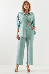 Çiçek Desenli Nakış İşlemeli Keten Oversize Alt-Üst Takım MBMS029 60501029 - Haki