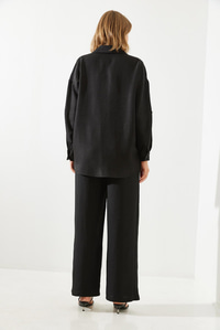 Çiçek Desenli Nakış İşlemeli Keten Oversize Alt-Üst Takım MBMS029 60501029 - Siyah