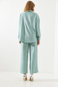 Çiçek Desenli Nakış İşlemeli Keten Oversize Alt-Üst Takım MBMS029 60501029 - Haki