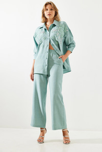 Çiçek Desenli Nakış İşlemeli Keten Oversize Alt-Üst Takım MBMS029 60501029 - Haki