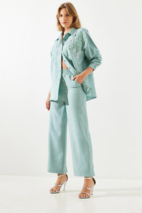 Çiçek Desenli Nakış İşlemeli Keten Oversize Alt-Üst Takım MBMS029 60501029 - Haki