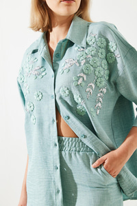 Çiçek Desenli Nakış İşlemeli Keten Oversize Alt-Üst Takım MBMS029 60501029 - Haki