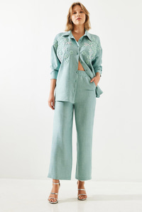 Çiçek Desenli Nakış İşlemeli Keten Oversize Alt-Üst Takım MBMS029 60501029 - Haki