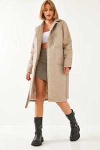 Çift Cepli Kuşaklı Kapitone Mont 1065 60351015 - Taş