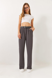 Çift Pile Detaylı Kemerli Örme Pantolon 3851 60261449 - Füme