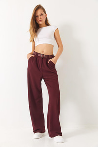 Çift Pile Detaylı Kemerli Örme Pantolon 3851 60261449 - Bordo