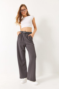 Çift Pile Detaylı Kemerli Örme Pantolon 3851 60261449 - Füme
