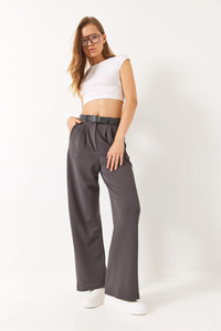 Çift Pile Detaylı Kemerli Örme Pantolon 3851 60261449 - Füme