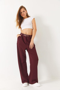 Çift Pile Detaylı Kemerli Örme Pantolon 3851 60261449 - Bordo