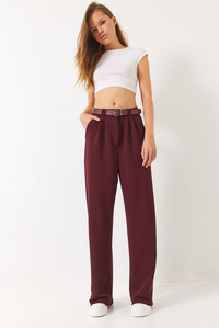 Çift Pile Detaylı Kemerli Örme Pantolon 3851 60261449 - Bordo