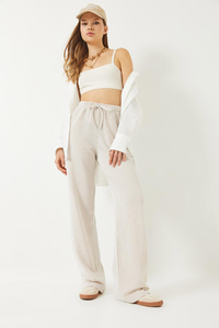 Çizgili Bel Lastikli Cepli Basic Pantolon 60284003 - Ekru-Bej