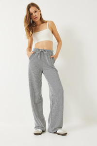 Çizgili Bel Lastikli Cepli Basic Pantolon 60284003 - Ekru-Siyah