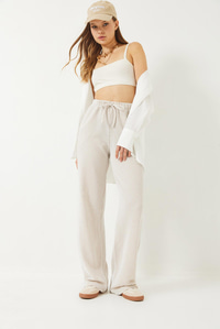 Çizgili Bel Lastikli Cepli Basic Pantolon 60284003 - Ekru-Bej