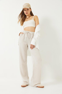 Çizgili Bel Lastikli Cepli Basic Pantolon 60284003 - Ekru-Bej