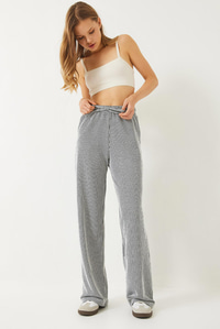Çizgili Bel Lastikli Cepli Basic Pantolon 60284003 - Ekru-Siyah