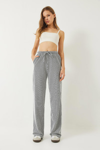 Çizgili Bel Lastikli Cepli Basic Pantolon 60284003 - Ekru-Siyah