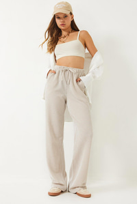 Çizgili Bel Lastikli Cepli Basic Pantolon 60284003 - Ekru-Bej