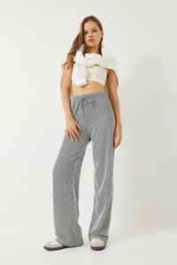 Çizgili Bel Lastikli Cepli Basic Pantolon 60284003 - Ekru-Siyah