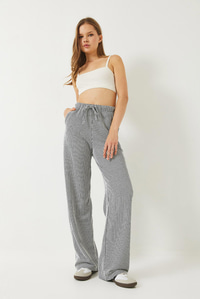 Çizgili Bel Lastikli Cepli Basic Pantolon 60284003 - Ekru-Siyah